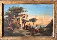 Ottocento Paesaggio napoletano con Vesuvio e personaggi olio su tel