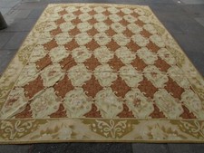Lana Vintage Fatta a Mano Design Francese Verde Marrone Originale Aubusson 395X270cm