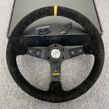 Volante Momo scamosciato Racing Sport 330m piatto profondo aghi gialli e neri