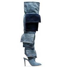 Scarpe jeans donna blu denim stivali sopra il ginocchio tacco alto stiletto slingback sexy