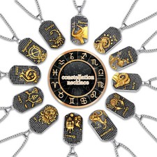 Collana Uomo Portafortuna 12 Costellazioni Acciaio Inox Zodiaco Dog Tag Pendente 24"
