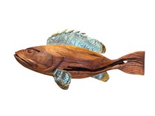 Scultura Pesce Cernia  Legno Marino Naturale Ginepro E Ottone Battuto