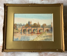 Thomas Sidney 1923 acquerello arte Hereford River Wye Bridge noto artista