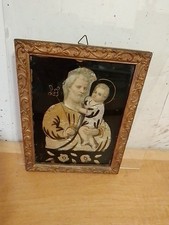 Antico Quadretto Religioso Realizzato Con Pittura Su Vetro E Carta