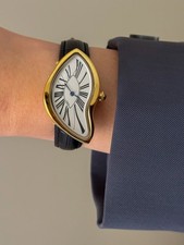 Orologio Y2K Vintage Oro Paris Dali Crash Melting con Cinturino in Pelle Nero Regalo 