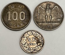 Italia 1929 5 Lire Giappone 1960 100 Yen Svizzeri 1910 1/2 Franco 3 Monete Argento