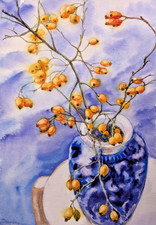 Olivello spinoso in vaso su tavola natura morta autunno acquerello pittura autunno arte A4