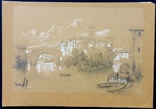 Disegno antico 1860 Isola Tiberina matita e biacca firmato datato Roma veduta