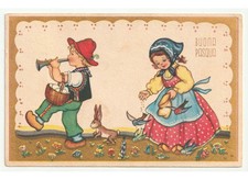 bambini piffero coniglio uova cibo uccelli cartolina d'epoca Buona Pasqua