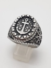 Anello Uomo in Acciaio Placcato Argento Vintage Stile Marina Ancora e Timone