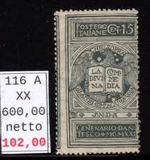 Regno d'Italia Dante non emesso 15 c  nuovo gomma integra mnh rif 116A