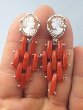 Antichi Orecchini A Goccia  Cameo Corallo di Sardegna Salmone Rosso Argento 925