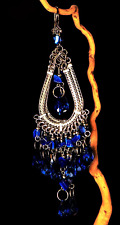 Vintage Boho Blue Beaded Earrings Large Dangle Chandelier Indian Pierced Jewelry