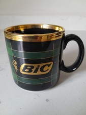 Rara tazza da caffè vintage Bic Company verde a quadri e bordo oro