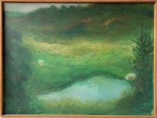 Dipinto A Olio Impressionista Di Paesaggio Con Pecore 20° Secolo Danimarca