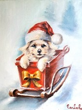 Quadro Di Un Cucciolo Sulla Slitta Natalizio,Olio Su Tela 28x35cm,Carla Gagliano