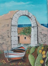 Quadro dipinto a olio su tela Salento Paesaggio vista mare con fichi d'India