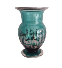 Antico Vaso Cristallo Verde Smeraldo Con Applicazione Argento