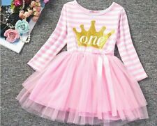 ABITO BAMBINA ROSA RIGHE TUTU COMPLEANNO  BRILLANTINATO  UN ANNO ONE YEAR BABY 