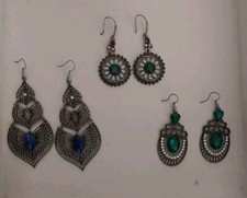 3 Paia Orecchini Lunghi Donna Filigrana Argento Indiano Blu Verdi Turchesi