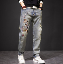 Pantalone jeans uomo retrò blu pesce ricamo gamba dritta denim punk