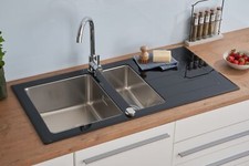 Lavello Cucina Vetro Acciaio Inox Lavandino 100 x 50 Nero respekta New York