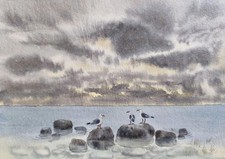 Quadro originale paesaggio opere d'arte moderno BERDS NUVOLOSO CIELO MARE arte paesaggio marino A5