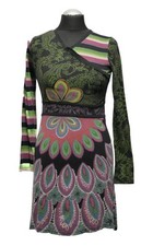 Desigual Abito Jersey Vestito 14Y Nero Colorato Fantasia Ricamato Maniche Lunghe