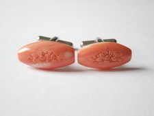 Gemelli Vintage Corallo Salmone Naturale Incisione A Mano 7,8 G/2,1 X 1,0 Cm