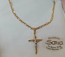 Collana 50 Cm e Croce Ciondolo Crocifisso Gesù in Oro Giallo e Bianco 18 Kt 