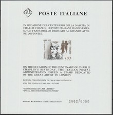 Italia - 164 - 1989 - L. 750, Foglietto Charlie Chaplin n. C 2. Cat. € 1200,00.