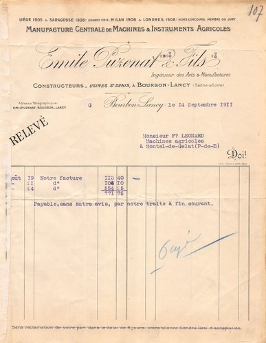 1911 facture emile puzenat a - ,