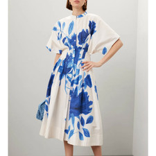 Abito svasato Natori blu floreale taglia 8 camicia cotone romantico designer $500