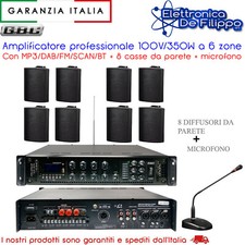 Amplificatore 100V/350W 6 zone Con MP3/DAB/FM/SCAN/BT con 8 casse con microfono