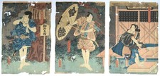 Antico trittico con stampa xilografia originale giapponese 19c di Toyokuni