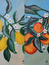 COPPIA DI QUADRI DIPINTI A MANO CON COLORI AGRILICI LIMONI E ARANCE DI SICILIA 