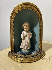 Vecchia Bacheca Teca Dorata Foglia Oro Bambino Gesù Bambinello Legno Val Gardena