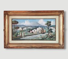 Paesaggio Primavera Napoletana con Vesuvio Dipinto Olio su Tela Originale Firmato