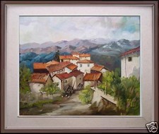 grazioso paesaggio borgo montagna anni 70 olio tela 