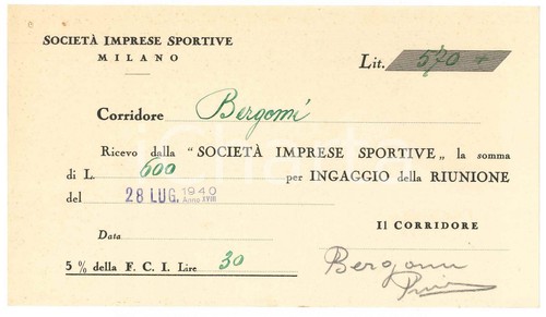 1940 ciclismo milano ricevuta - 1940,