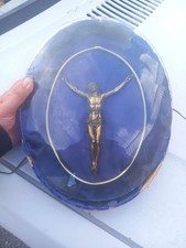 Antico Crocifisso Da Muro In Teca Con Vetro Bombato Ottone Epoca