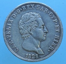 CARLO FELICE 5 LIRE 1828 GENOVA ARGENTO SILVER COIN CURRENCY NUMISMATICA