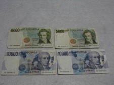 Banconote Lire Italiane 10.000 x2, 5.000 x2, usate, da collezione, vintage