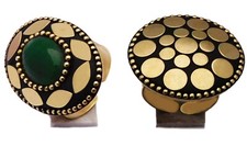 Anelli grandi regolabili tibetani placcati oro onice verde pietra preziosa 2 ...