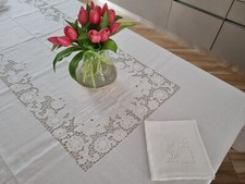 Elegante Tovaglia x12 puro lino con ricamo Intaglio e Punto Pieno a mano