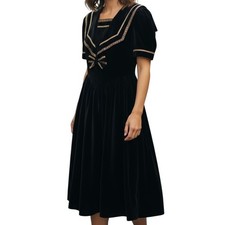 Gunne Sax Jessica McClintock abito in velluto nero marinaio vacanza Cottagecore S 5
