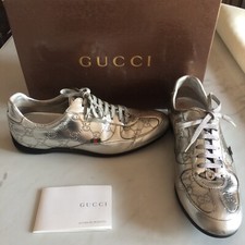 Scarpe Da Ginnastica Sneakers Gucci Pelle Argentata Guccissima Logo 36 1/2