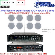 Amplificatore professionale 100V/350W a 6 zone MP3/DAB/FM/SCAN/BT con 8 casse