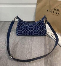 Borsa a tracolla Coach Cam27 Juliet in denim firmato Deep Blue Outlet NUOVA