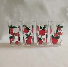 set 4 bicchieri vintage da acqua bibite succo, vetro decorato con frutti rossi 